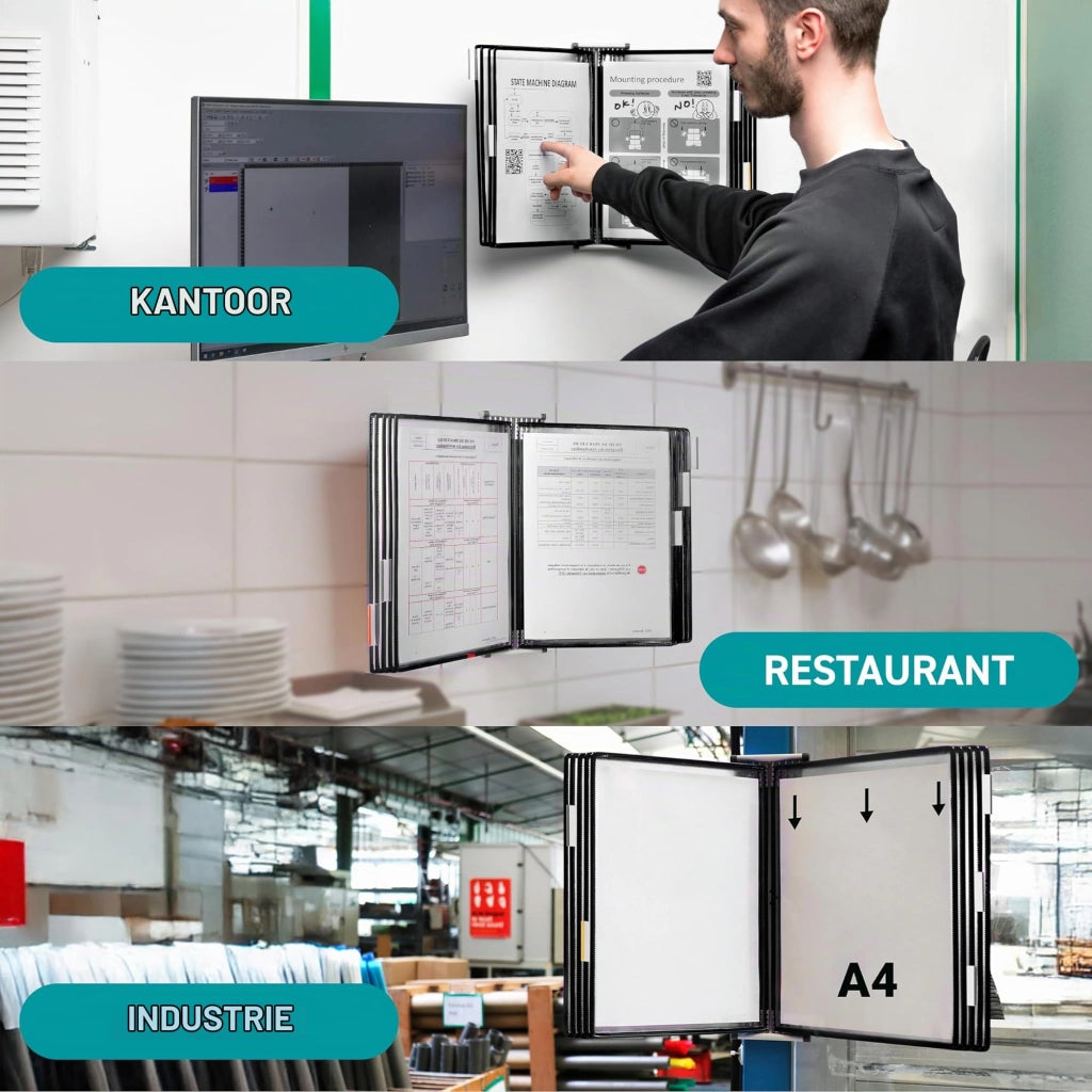 Elemento a parete con 10 pannelli trasparenti antibatterici A4, nero, espandibile