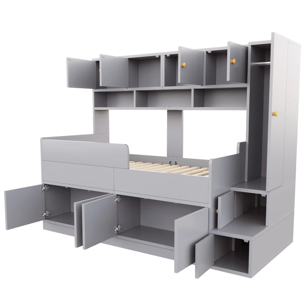 Letto per bambini 90 x 200 cm grigio con contenitori, armadio, scala e luci LED