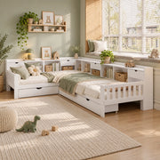Letto per bambini a L 90x200 cm; 2 posti letto; contenitore; ripiani e 3 cassetti; in legno; bianco