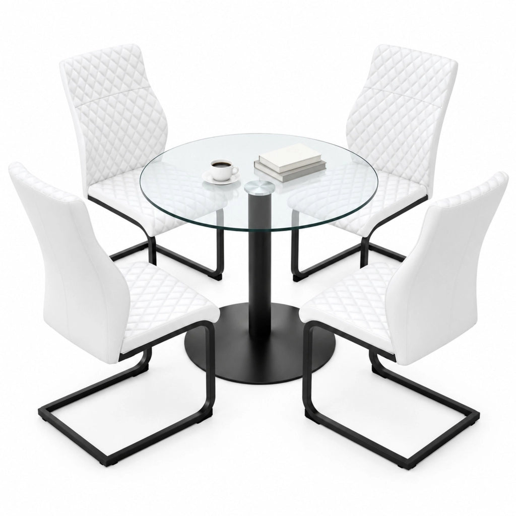 Set tavolo rotondo in vetro 85 cm e 4 sedie bianche in PU