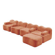 Divano angolare modulare in velluto arancione con pouf