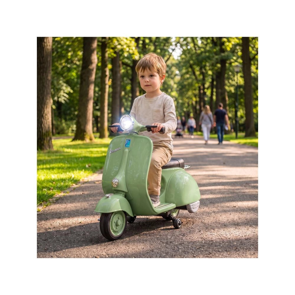 Vespa Moto Elettrica per Bambini 6V con Batteria al Litio Rotelle Rimovibili e Luci Verde