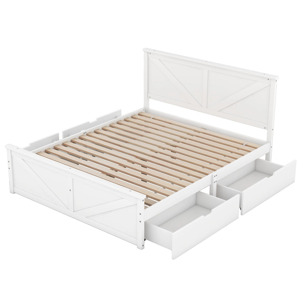 Letto matrimoniale 160x200 cm con 4 cassetti e testiera in pino e MDF bianco