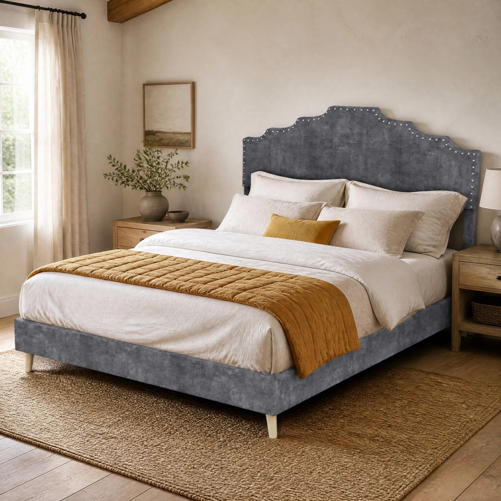 Letto imbottito IVMEU 140x200 cm grigio con testiera geometrica e rete a doghe per camera da letto