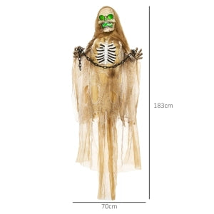 Decorazione Halloween: Scheletro Appeso con Testa Luminosa, Urla Spaventose e Braccia Flessibili, Colore Khaki
