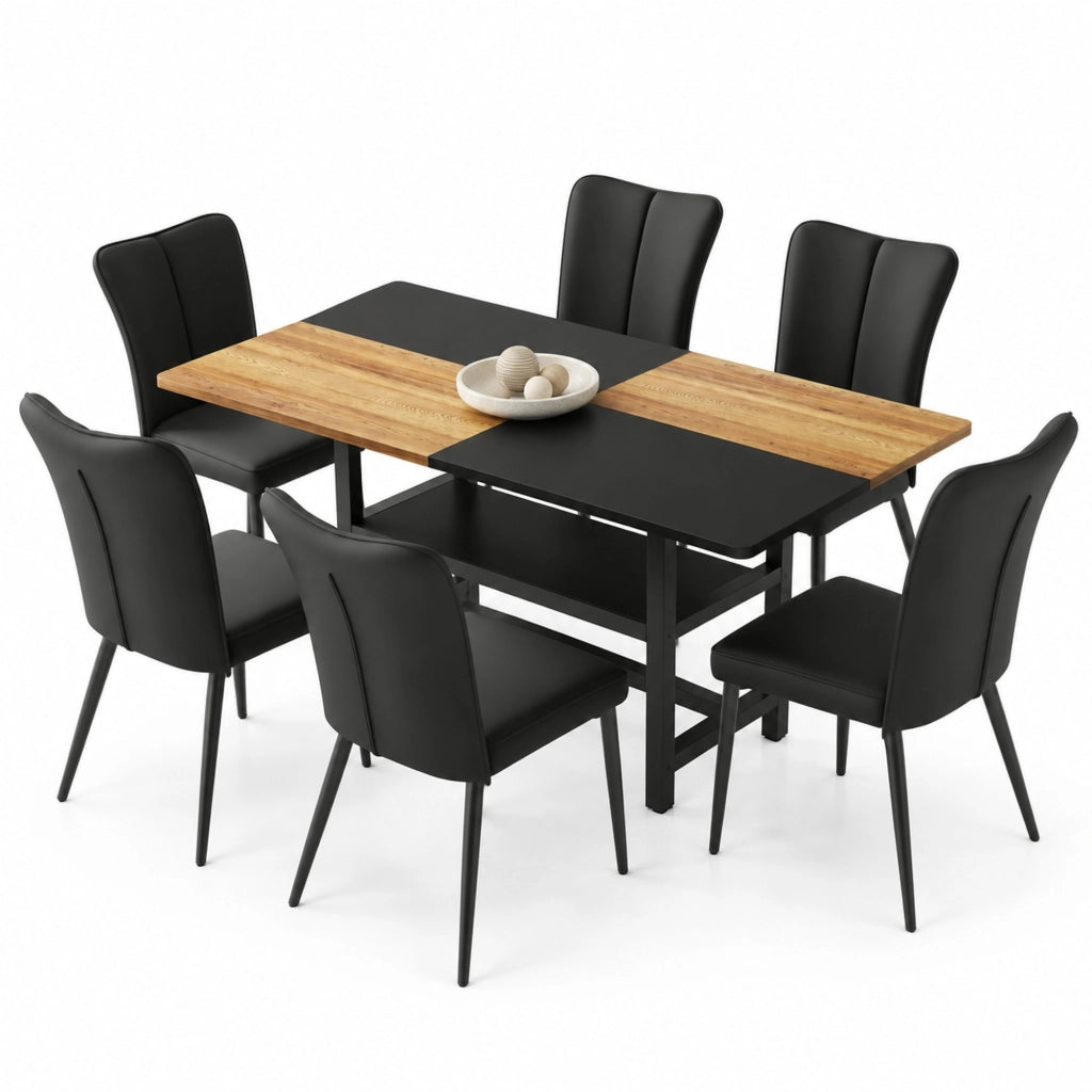 Set tavolo da pranzo IVMEU da 160 cm con ripiano e 4 sedie in similpelle, marrone e nero