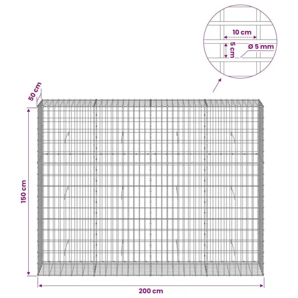 Gabione con Filo da 5 mm e Rete da 5x10 cm 200x50x150 cm 3464758