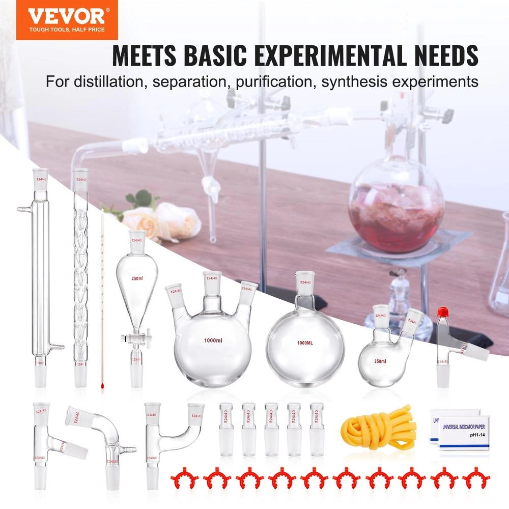 Kit di distillazione da laboratorio 29 pezzi in vetro borosilicato 3.3 giunti 24/40 boccetta 1000 ml YHEO-8 per oli essenziali