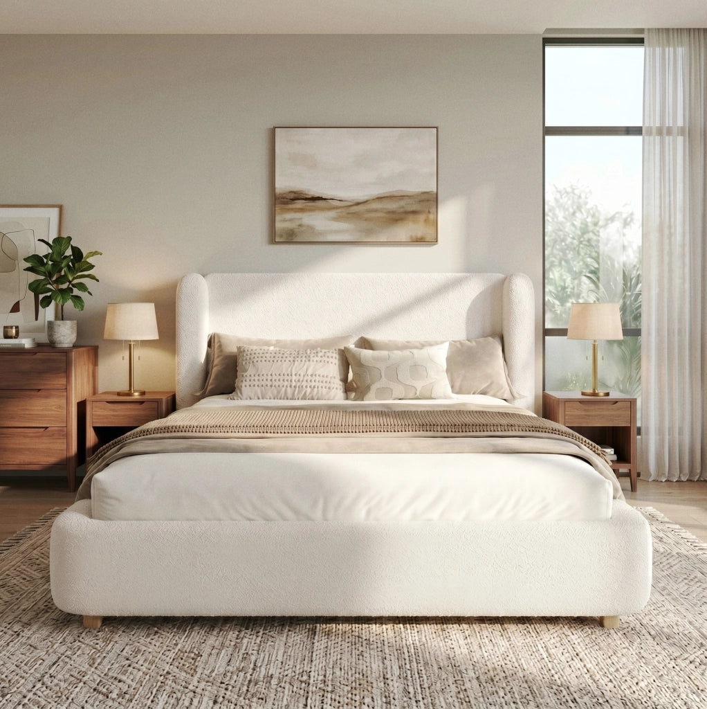 Letto contenitore imbottito in bouclé beige 140 × 200 cm