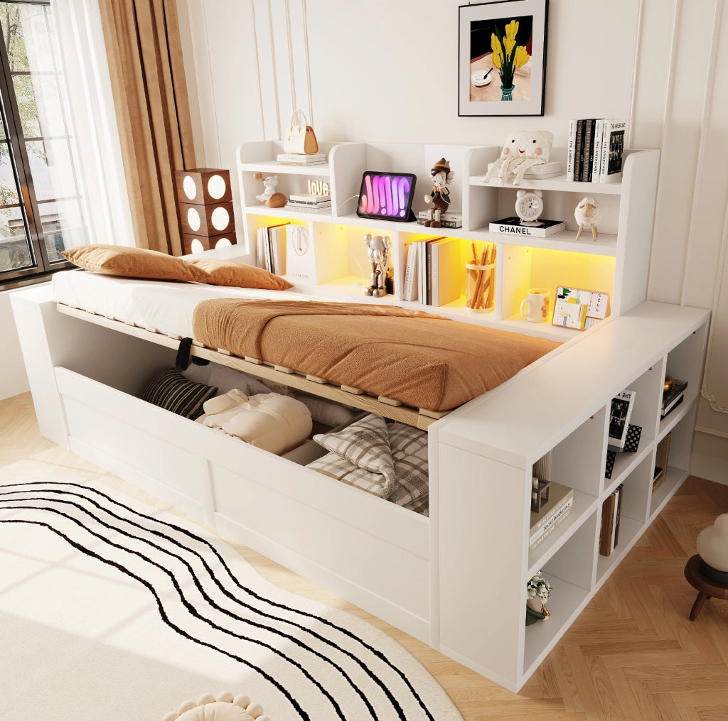Divano letto singolo 90 x 200 cm bianco con contenitore, LED e prese