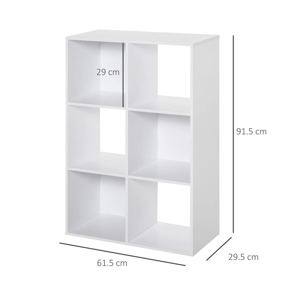 Libreria a cubi con 6 ripiani in legno truciolato bianco, mobile portaoggetti compatto e resistente per studio e ufficio, 61.5x29.5x91.5 cm