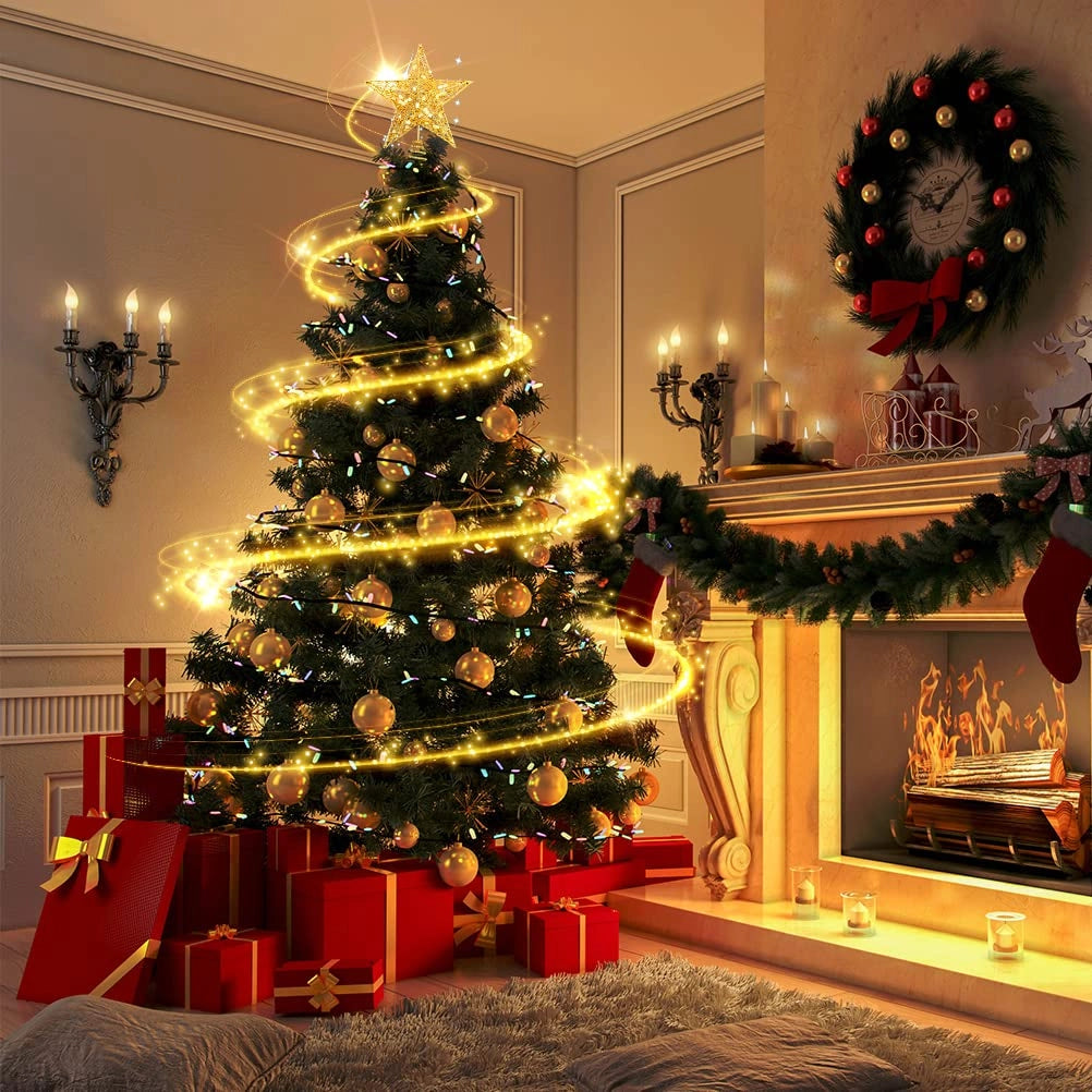 Stella per la cima dell'albero di Natale, dorata, con paillettes