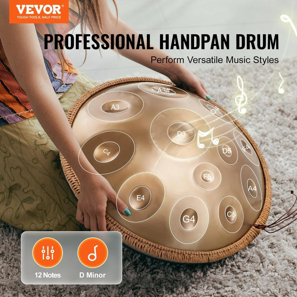 Tamburo Handpan in Acciaio 55,88 cm 12 Note Re Minore 440Hz Dorato con Supporto Mazze e Borsa da Trasporto per Principianti