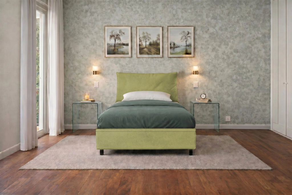 Letto 1 Piazza e Mezza Contenitore Imbottito 120x200 cm Microfibra Tè Verde Boxmax Testata Soft