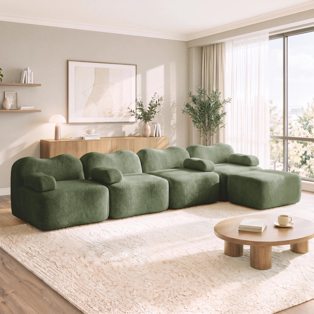 Divano angolare modulare verde in velluto con pouf