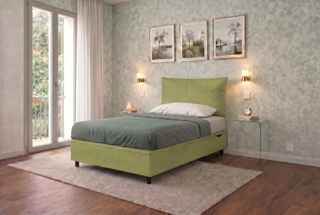 Letto 1 Piazza e Mezza Contenitore Imbottito 120x200 cm Microfibra Tè Verde Boxmax Testata Soft