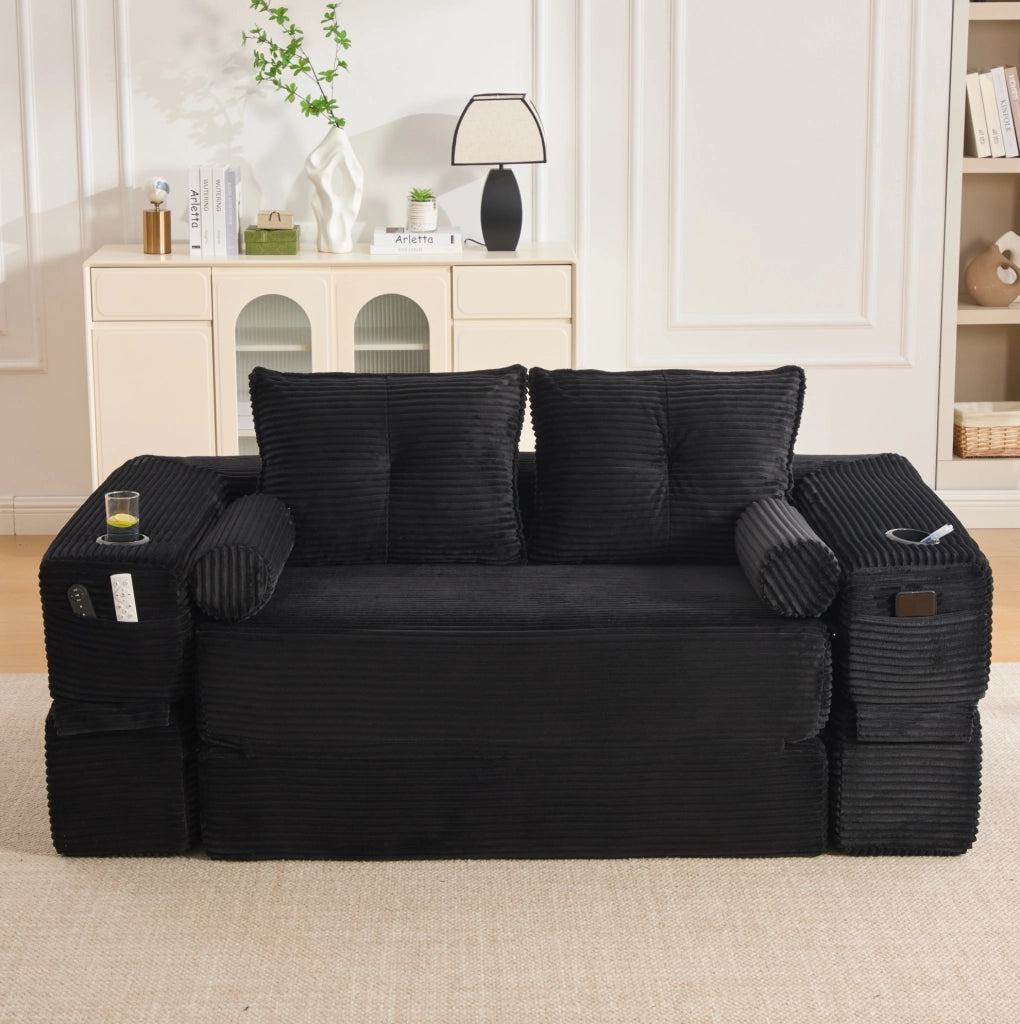 Divano Letto; trasformabile in letto; modulare; in velluto a coste nero; 180x98x80 cm con tasche laterali e portabicchieri