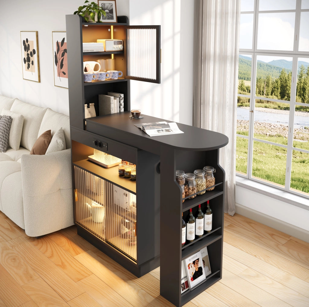 Tavolo bar allungabile con mobile contenitore, LED e prese, nero