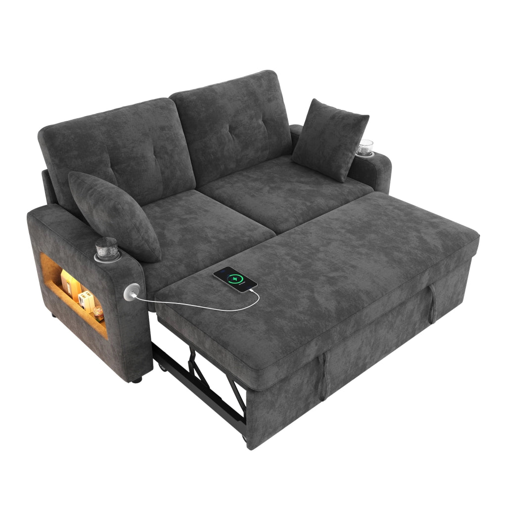 Divano letto 2 posti grigio in ciniglia con LED, USB e vano portaoggetti