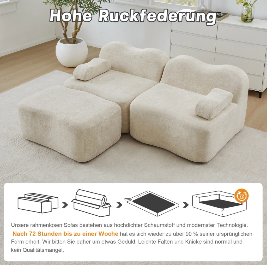 Divano angolare modulare in velluto beige con pouf, 192 cm