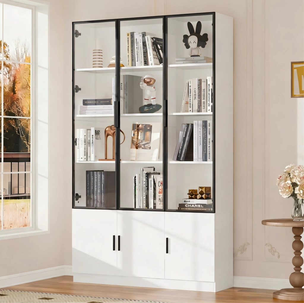 Vetrina bianca in MDF e vetro con 6 ante e illuminazione LED