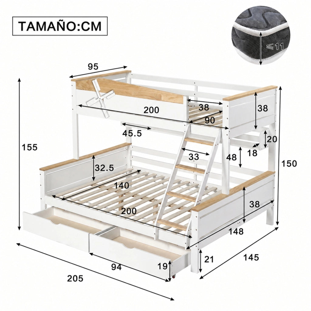 Letto a castello per bambini con letto matrimoniale in legno bianco e naturale con scale e cassetti