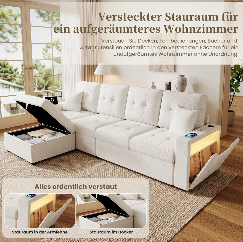 Divano 4 posti 253 cm con pouf contenitore; LED e porte USB/USB-C; beige