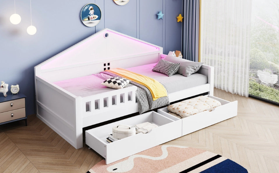 Letto singolo per bambini 90x200 cm bianco in legno con 2 cassetti, LED e rete a doghe, per cameretta, senza materasso