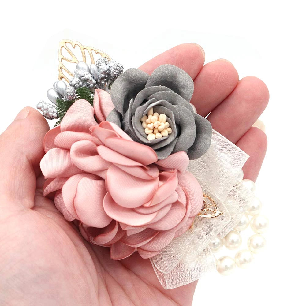 Fiore da polso con rose satinate, color champagne, 10 x 8 cm