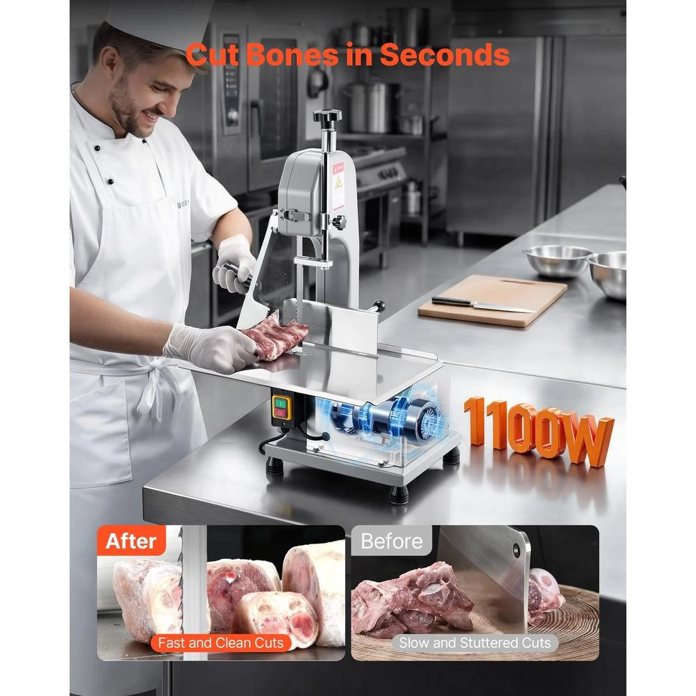 Sega a Nastro Elettrica per Carne e Ossa 1100W BS-130 in Acciaio Inox e Alluminio Taglierina Robusta Piano 315x460mm