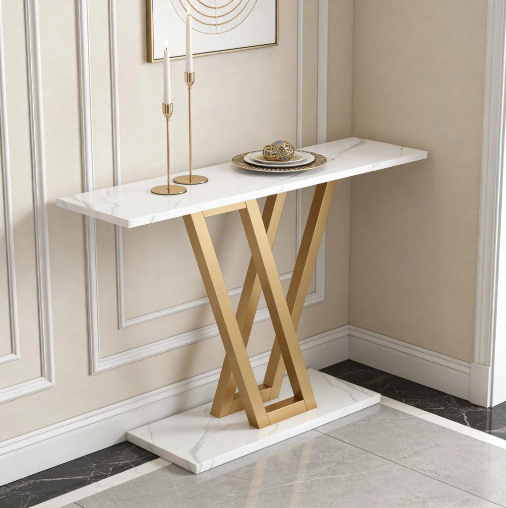 Consolle ingresso 110 x 30 x 80 cm in MDF bianco e metallo dorato