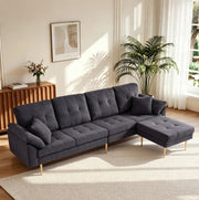 Divano 4 posti in velluto a coste grigio scuro con pouf, 250 cm