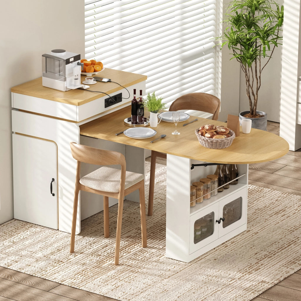Isola cucina allungabile bianca con ruote, LED e ricarica USB