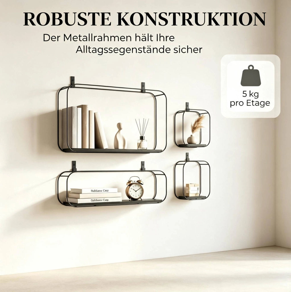 Set di 4 mensole da parete in metallo e MDF nero, stile industriale