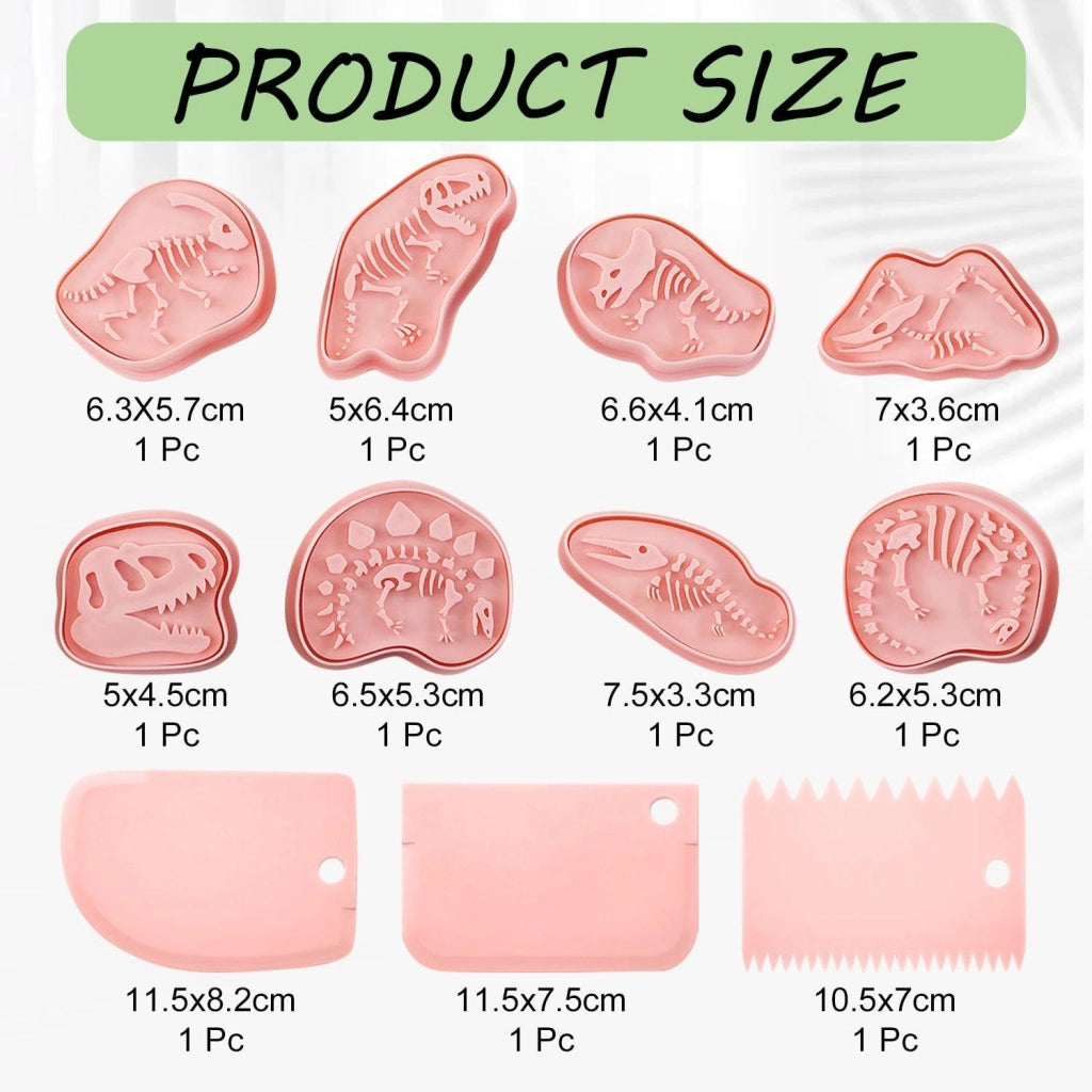 8 stampi per muffin a forma di dinosauro e 3 spatole, color rosa, in plastica, ideali per biscotti e dolcetti.