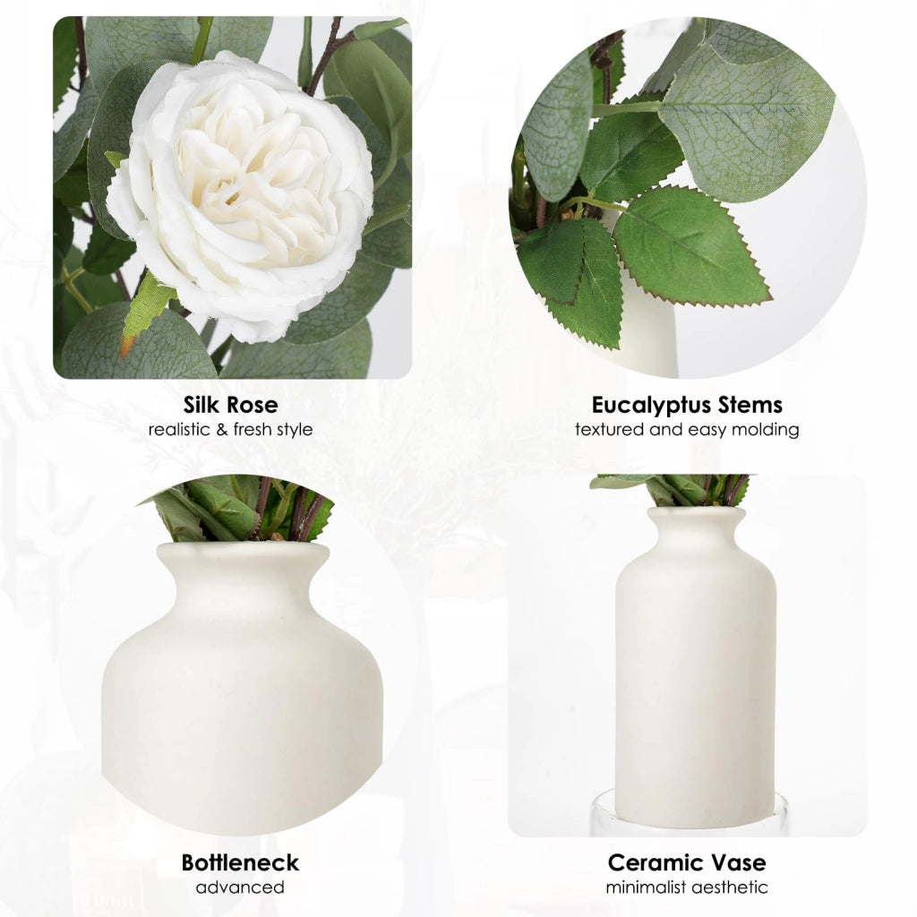 Fiori di eucalipto e rosa artificiali in vaso di Vetroceramica, altezza 40 cm
