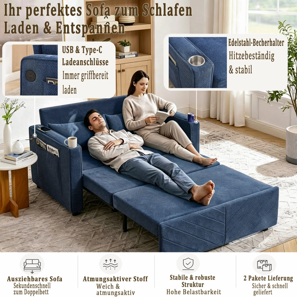 DIVANO LETTO 3 in 1 Scorrevole con porte USB Blu Navy