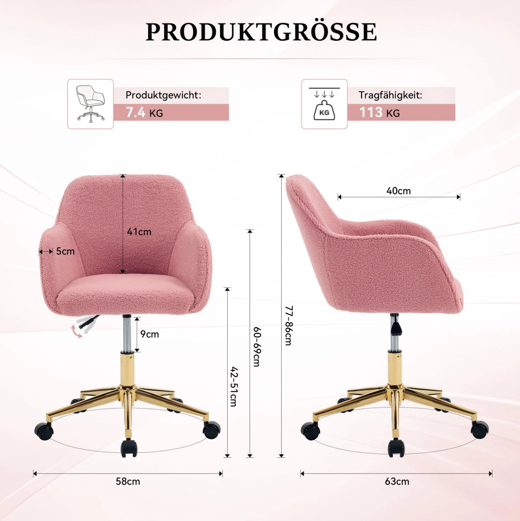 Sedia da ufficio rosa 58x58x86 cm in tessuto peluche, regolabile e girevole