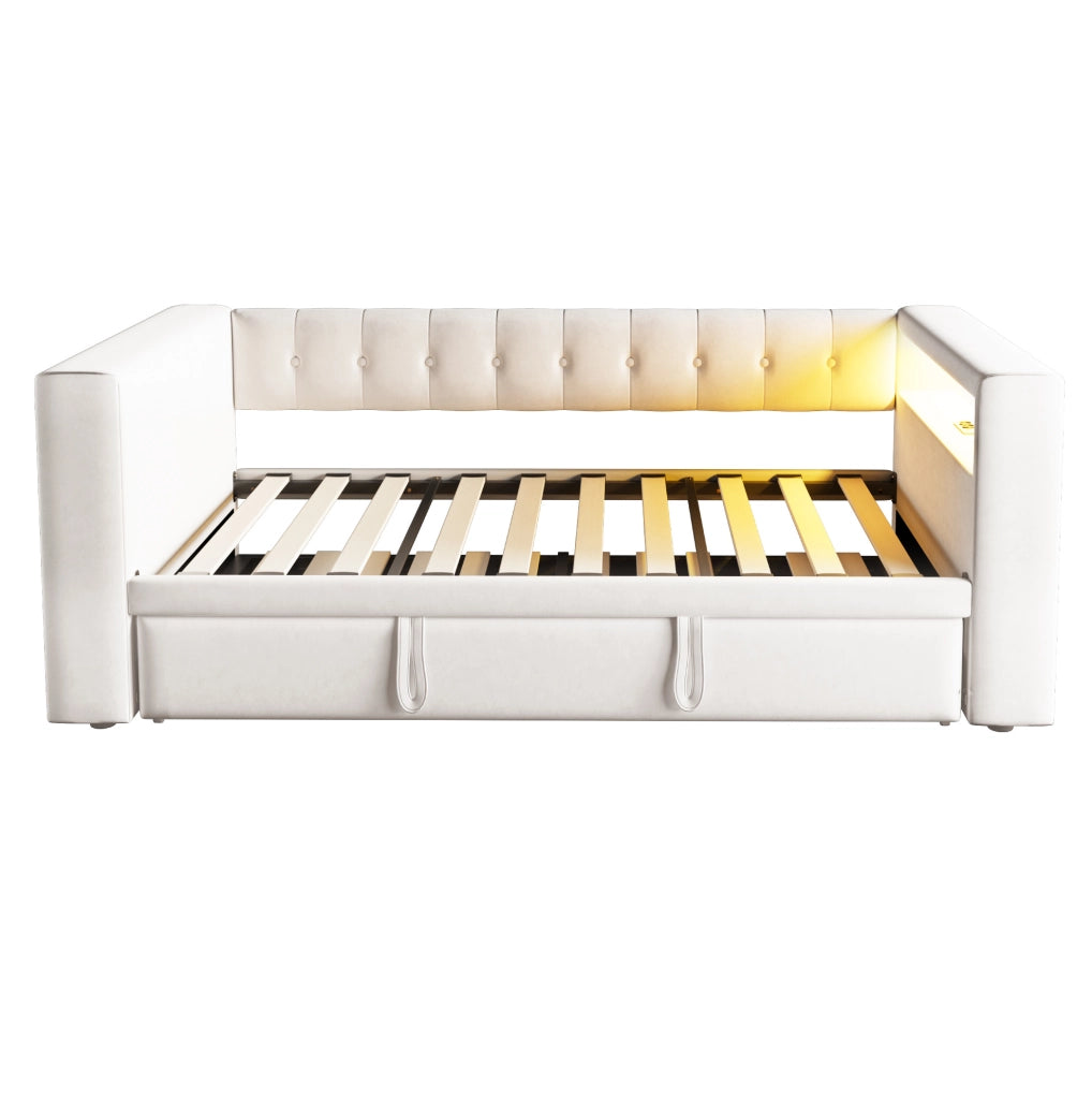 Divano letto multifunzionale 90/180x190 cm con LED e presa in flanella beige