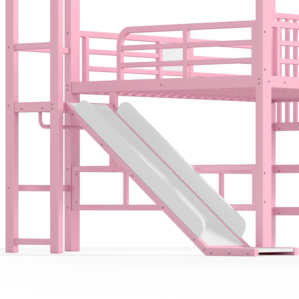 Letto a soppalco rosa a casetta con scivolo e scala