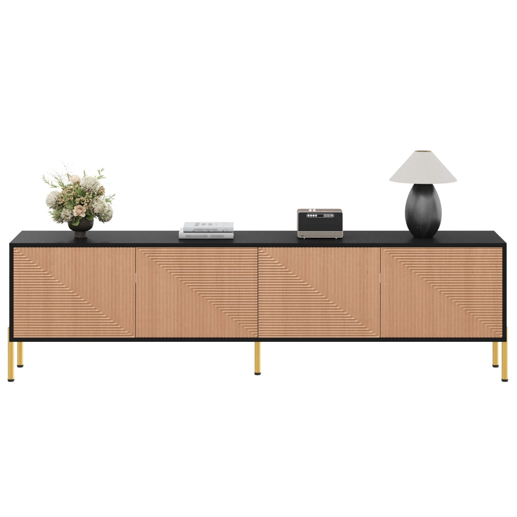 Mobile TV moderno nero e naturale 179x35x53,5 cm con gambe oro e design minimalista