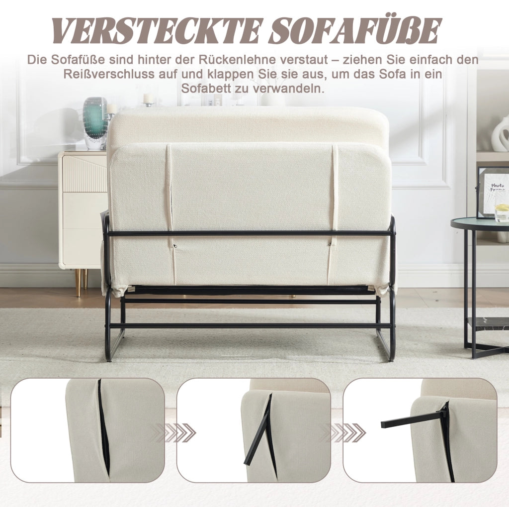 Divano letto a due posti in ciniglia beige con tasche laterali