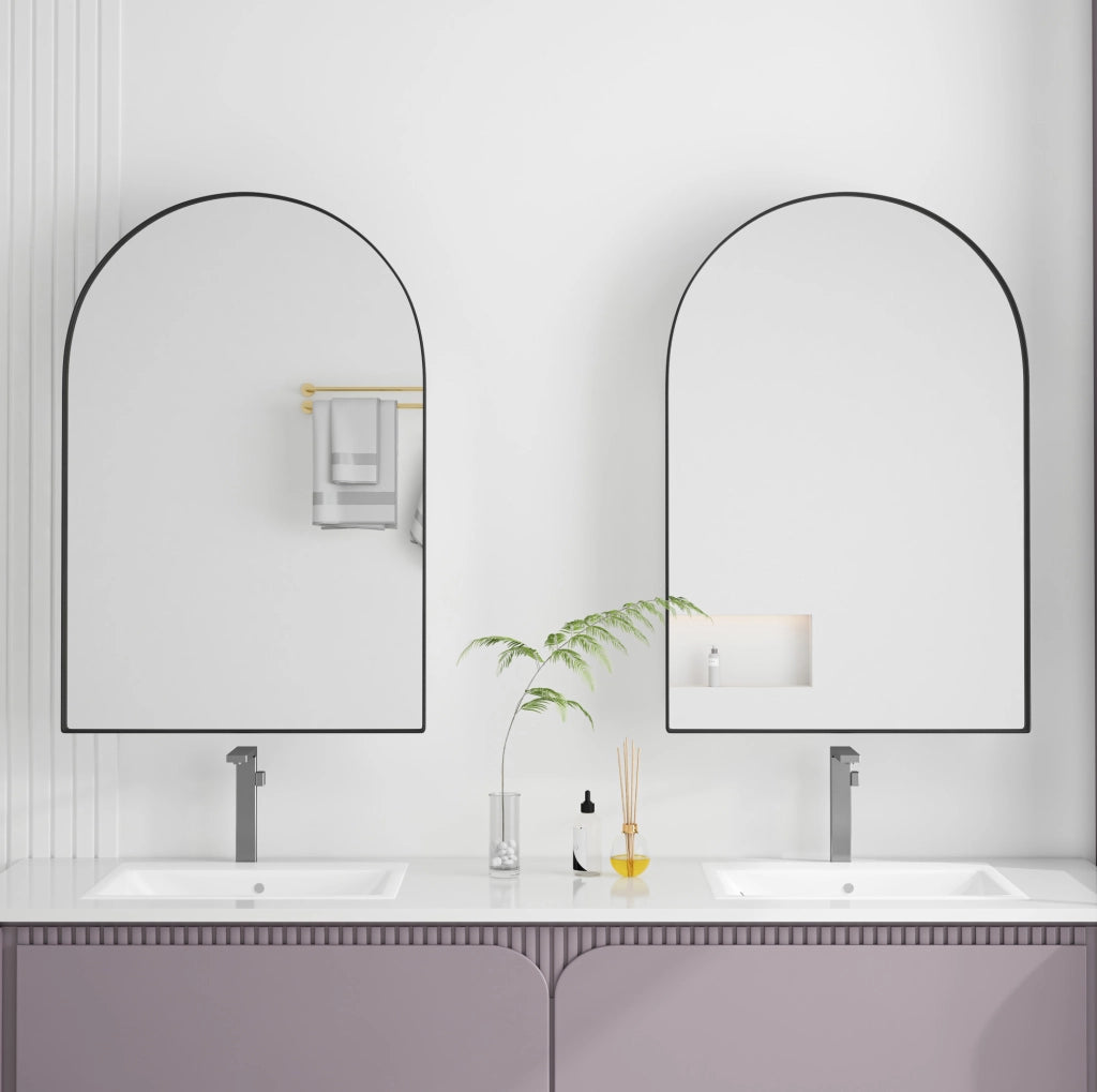 Mobile specchio ad arco 91x61x12 cm, metallo nero, da parete o a incasso