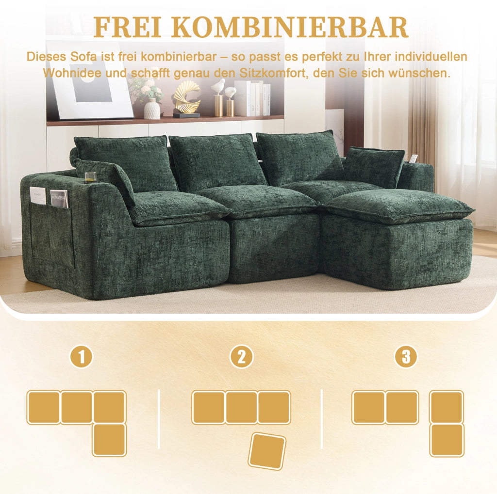 Divano modulare in ciniglia verde con pouf e cuscini
