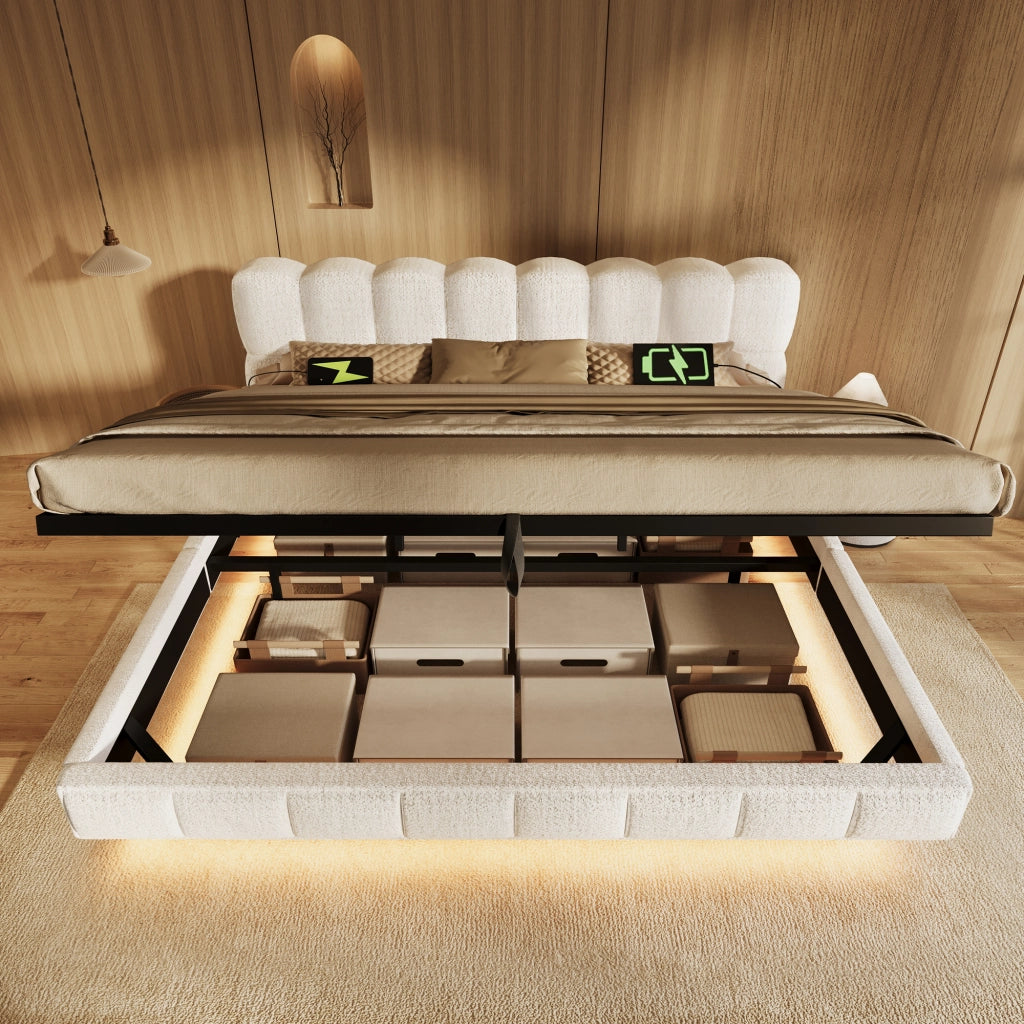 Letto Contenitore 180 x 200 cm, Letto Matrimoniale - LED, USB e Type-C - Chenille Beige