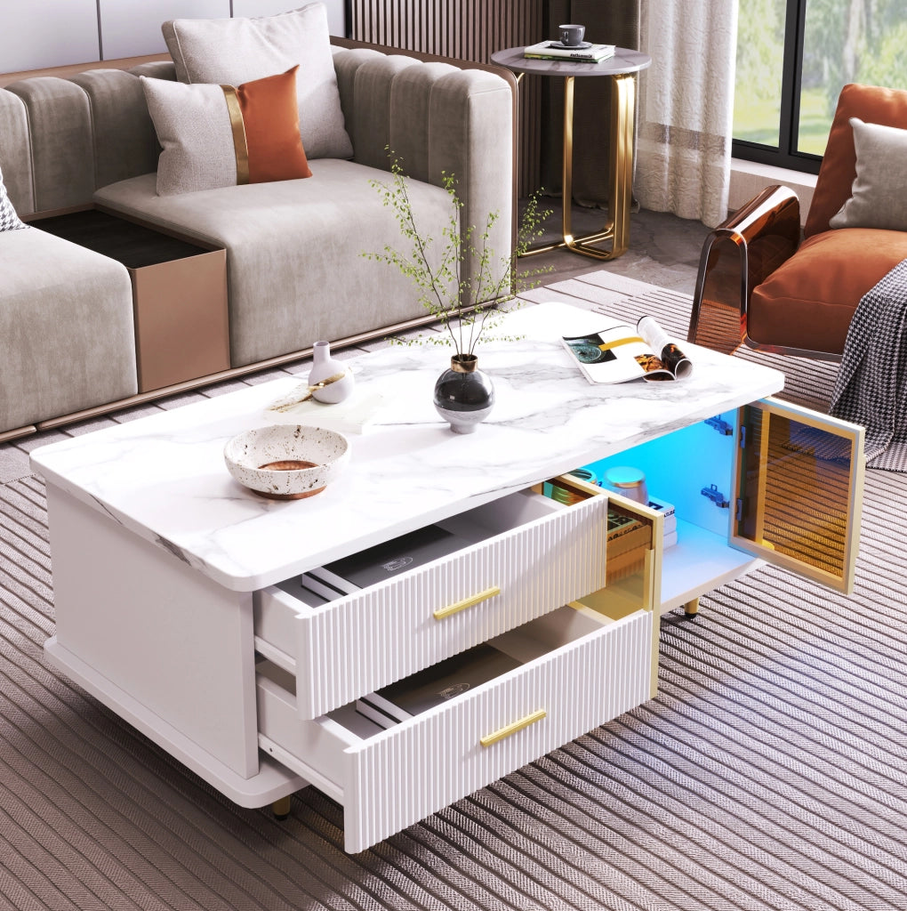 Set mobile TV 170 cm e tavolino 100 cm con LED multicolore; vetro e truciolare bianco