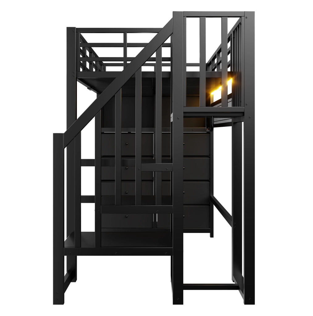 Letto a soppalco 90 x 200 cm nero con 8 cassetti, scala contenitore e illuminazione
