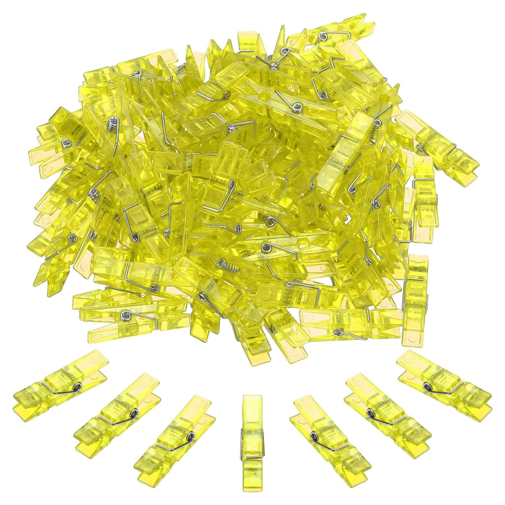 Piccole mollette per bucato, 100 pezzi, trasparenti gialle, dimensioni 35 x 7 x 10 mm