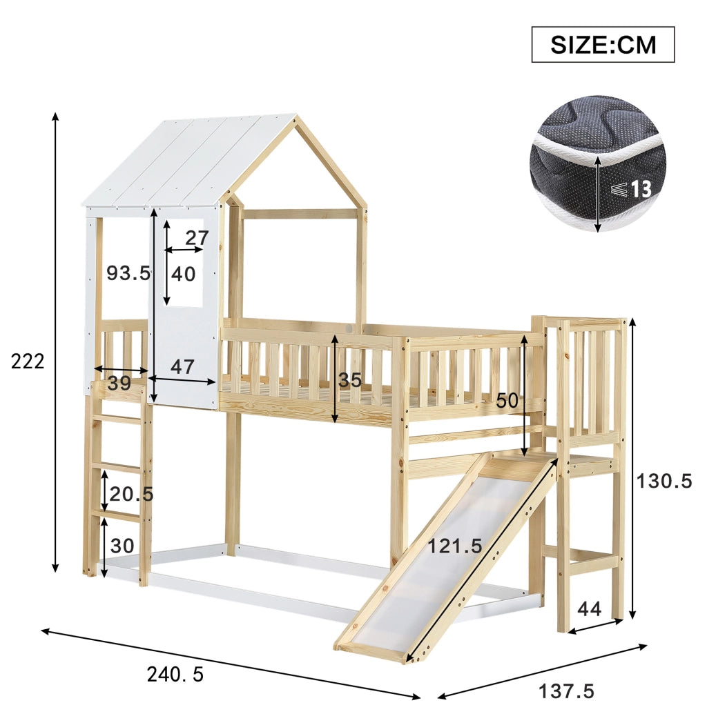 Letto a castello per bambini 90x200 cm con scivolo, scala e tetto in pino naturale e bianco per cameretta, senza materasso