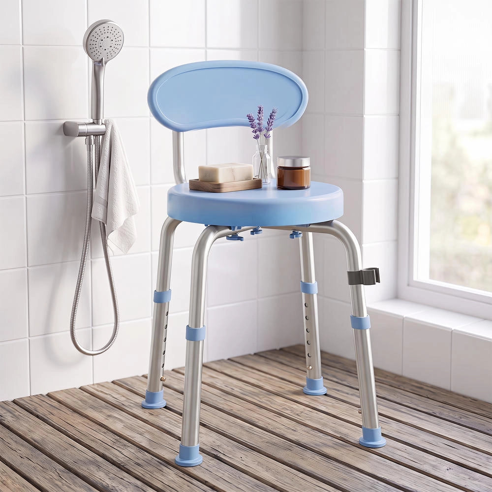 Sgabello da doccia girevole 360° con schienale e altezza regolabile 5 livelli sedile in alluminio blu